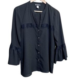Karl Lagerfeld Black Lace Trim Bell Sleeve V Neck Button Up Blouse Women
